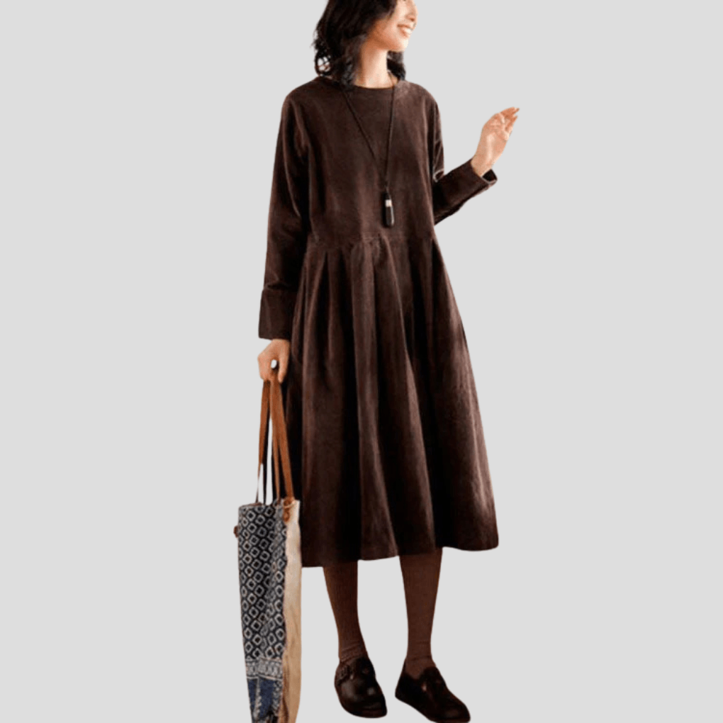 Ausgestelltes Cord-Midikleid mit Langarm und Taillenbund für den Herbst