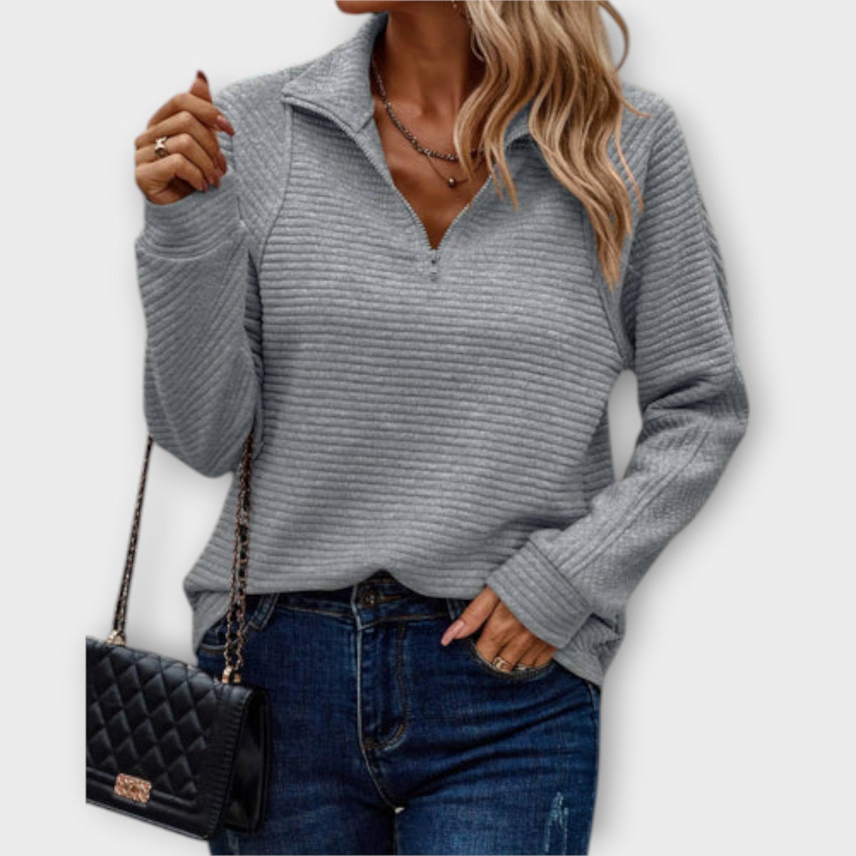 Damen Sweatshirt mit Reissverschluss und Stehkragen aus Rippstruktur