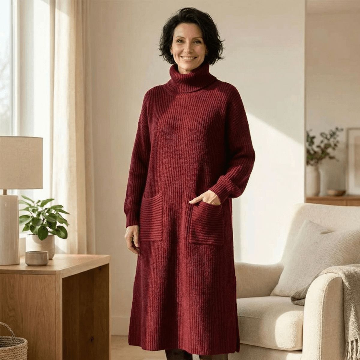 Velara Rollkragen Strickkleid Damen Übergrösse mit Taschen im Maxi-Schnitt