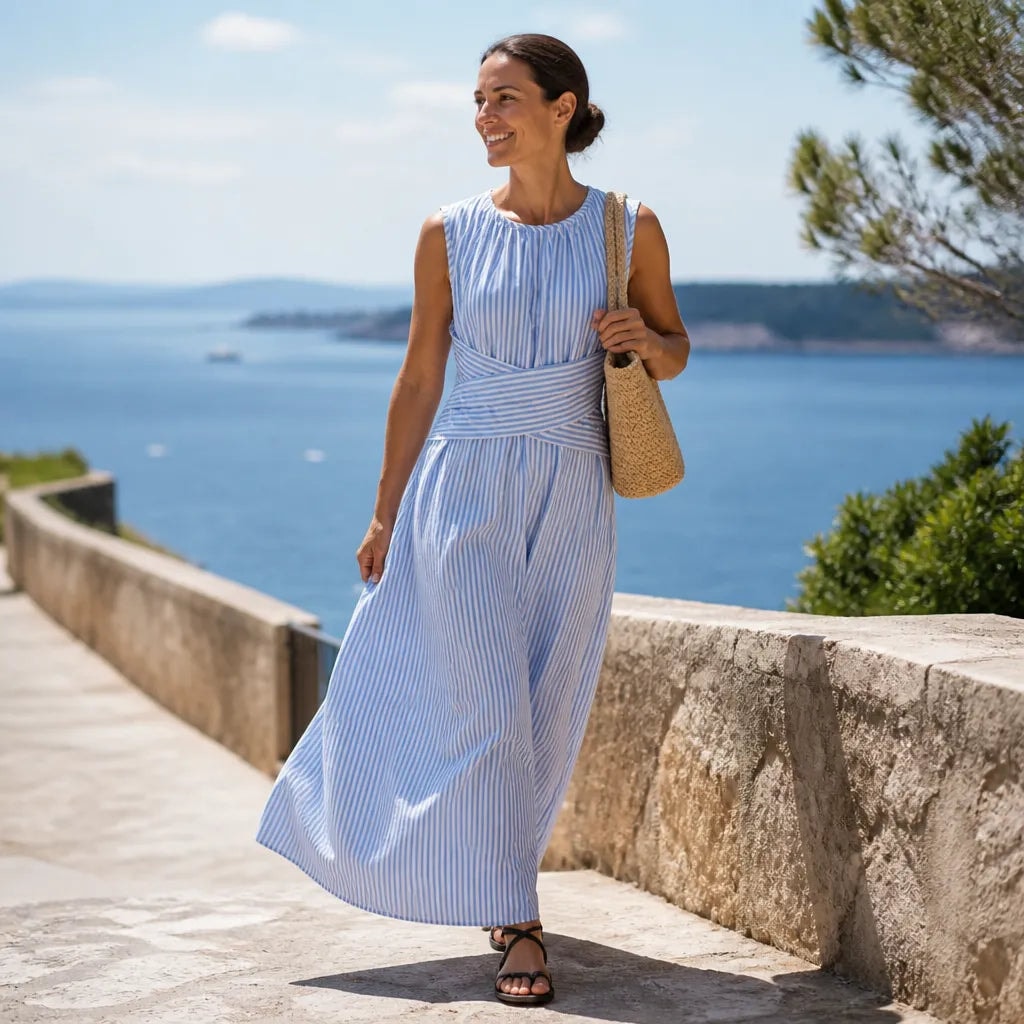 Ärmelloses Wickeltaillen-Maxikleid mit Streifenmuster für Damen