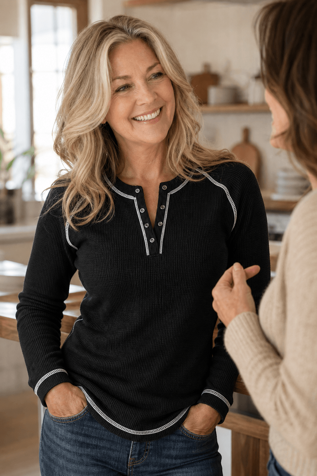 Damen Waffelstrick Henley Shirt mit Kontrastnähten