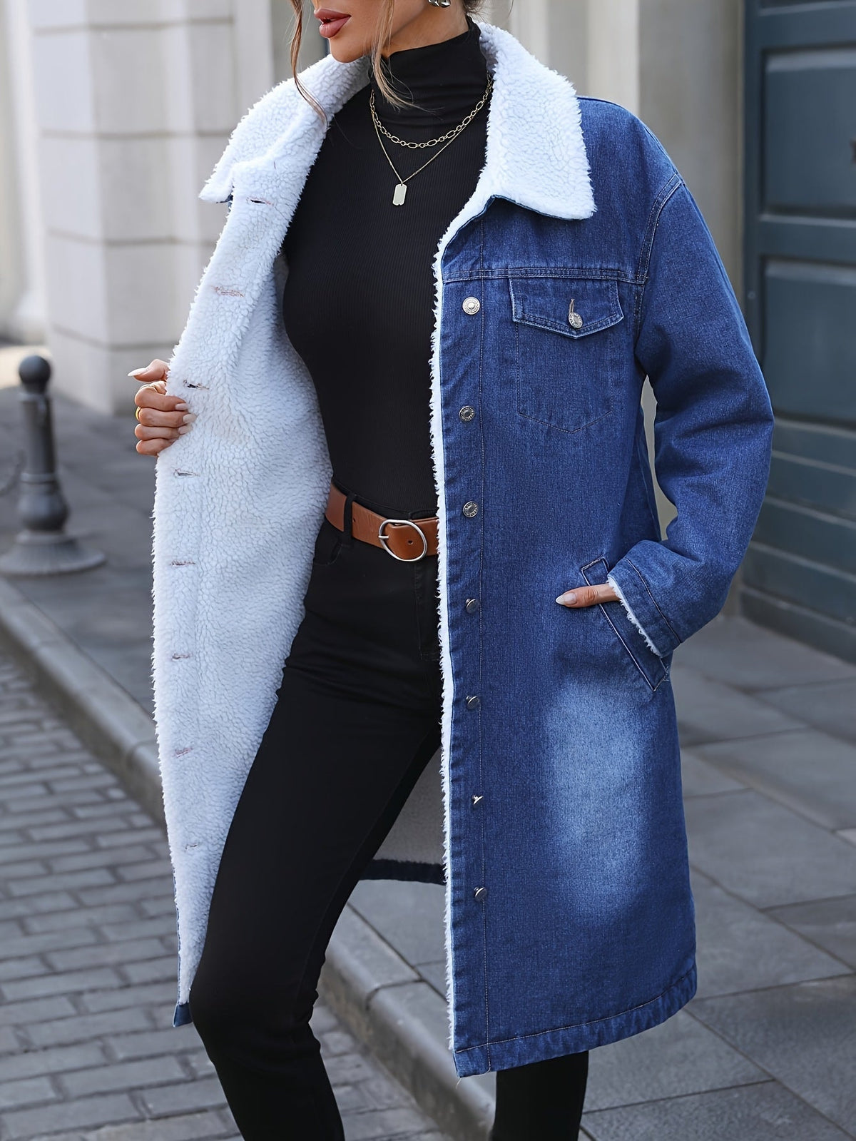 Damen Jeansmantel mit Teddyfutter und Reverskragen Mittellang