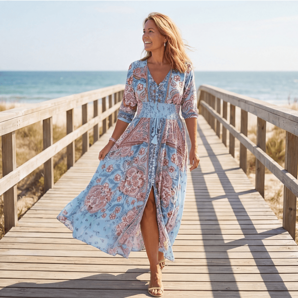 Fliessendes Boho-Maxikleid mit Blumendruck und V-Ausschnitt