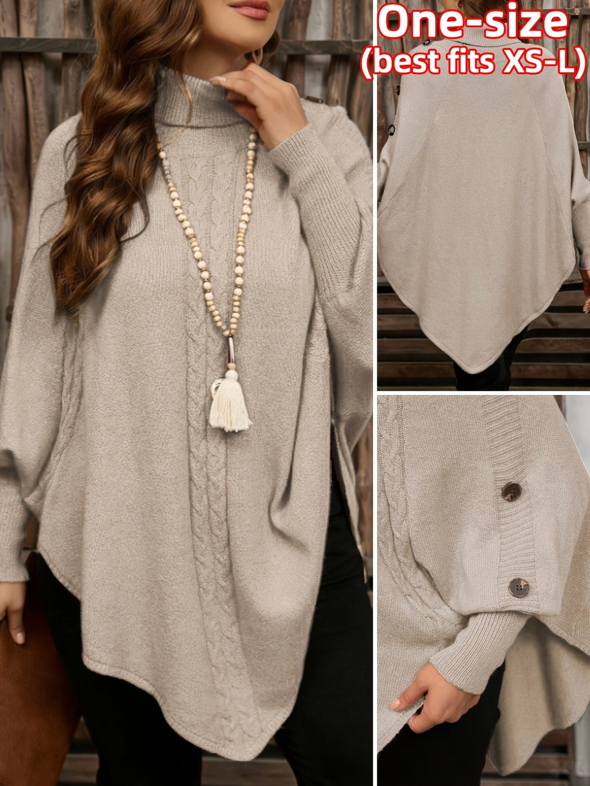 Poncho Pullover mit Rollkragen Zopfmuster und Knopfleiste für Damen