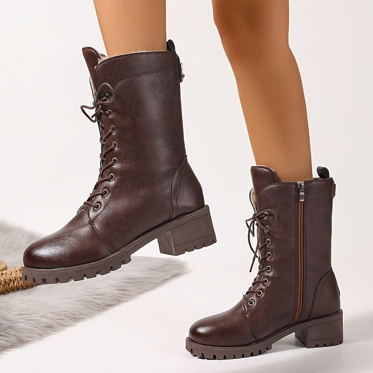 Gefütterte Damen Winterstiefel mit Schnürung und Reissverschluss
