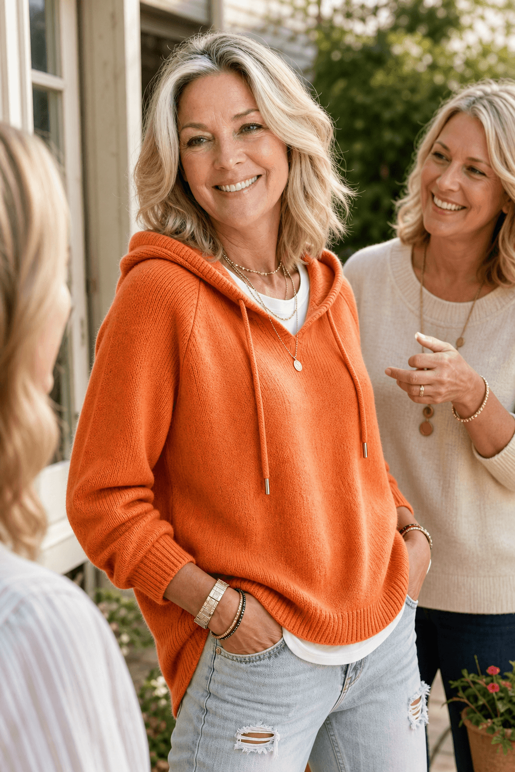 Damen Kapuzenpullover mit Kordelzug und Rippstrick-Struktur