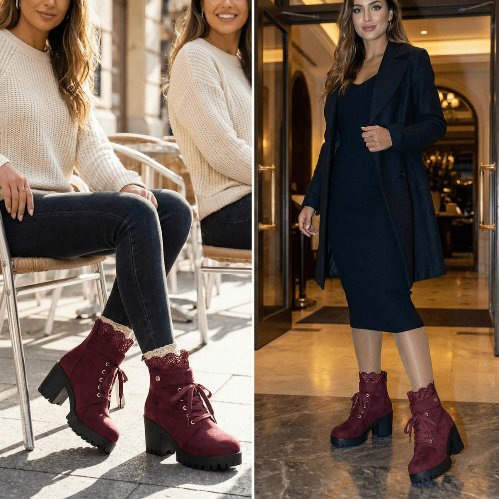 Lacelle Spitzenbesetzte Damen Stiefeletten aus Wildleder mit Blockabsatz