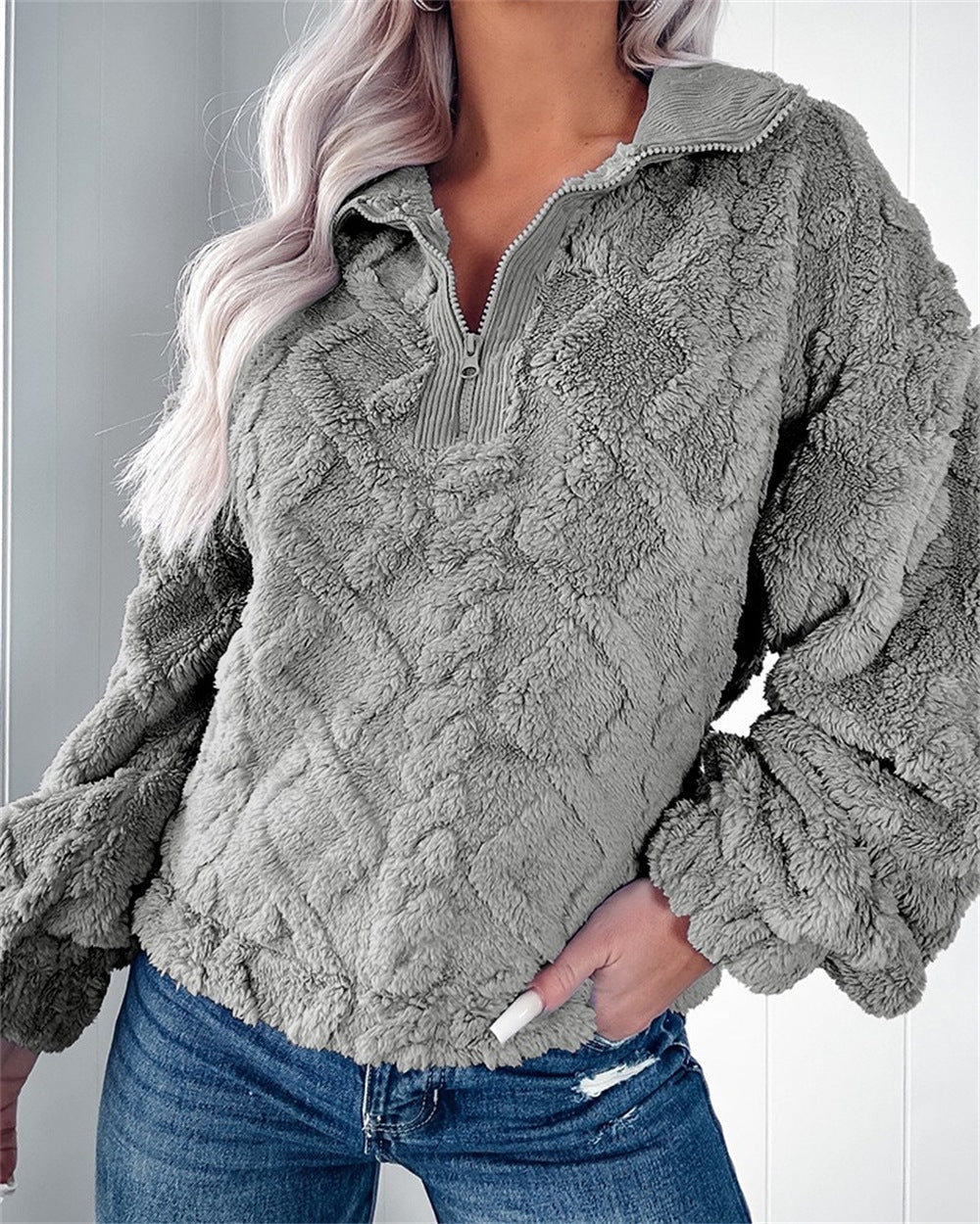 Damen Fleece-Pullover mit Stehkragen und Struktur-Optik