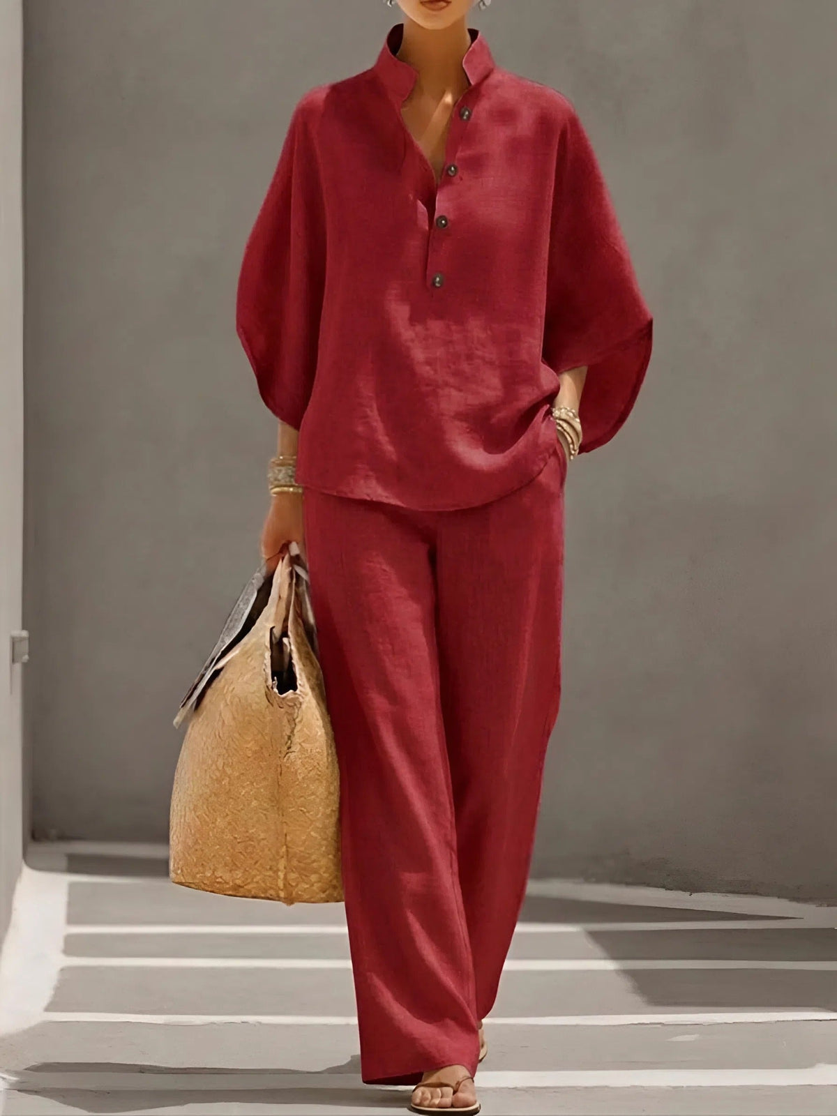 Weites Leinen-Zweiteiler-Set mit Stehkragen und Culotte-Hose