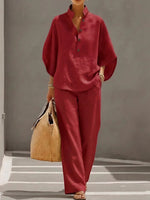 Weites Leinen-Zweiteiler-Set mit Stehkragen und Culotte-Hose