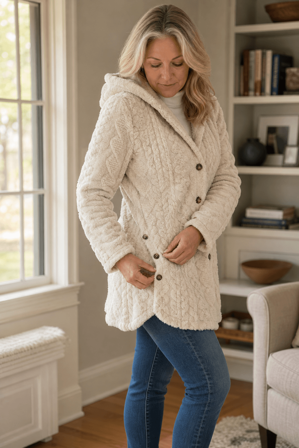 Damen Strickstruktur Longline Mantel mit Kapuze