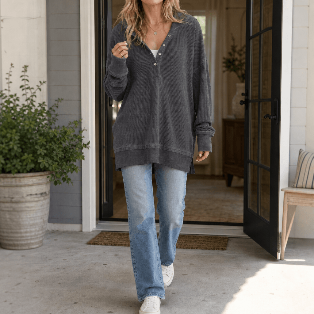 Oversize Waffelstrick Henley Hoodie mit Knopfleiste