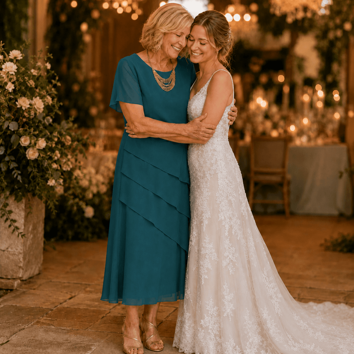 Florenza Gestuftes Damen-Midikleid aus Chiffon-Optik mit Rundhalsausschnitt