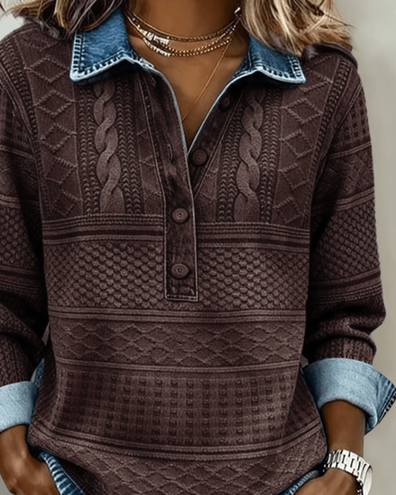 Melkorka Strukturiertes Langarmshirt mit Jeans-Optik-Kragen