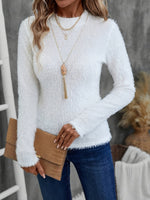 Flauschiger Damen-Norwegerpullover in Weiss mit Stehkragen und Langarm