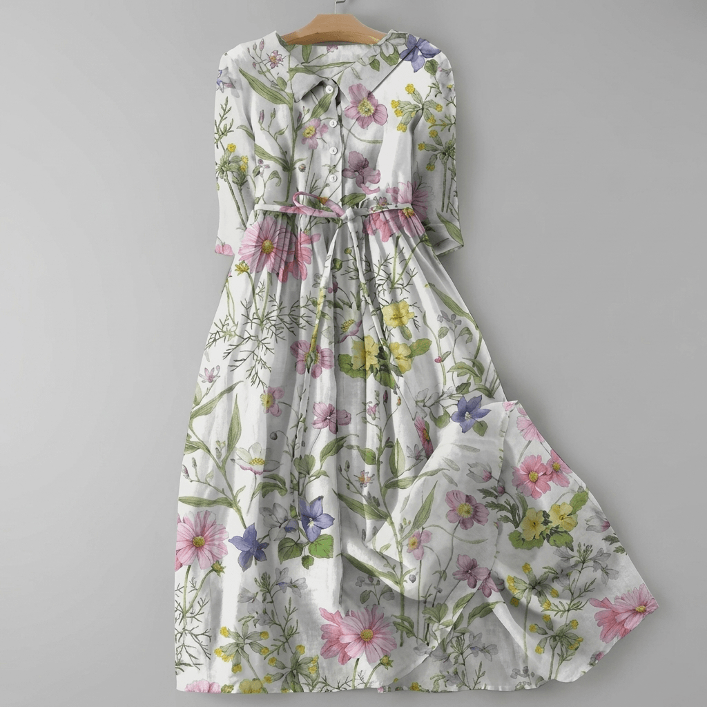 Blumiges Maxikleid mit Hemdkragen und 3/4-Arm für den Herbst