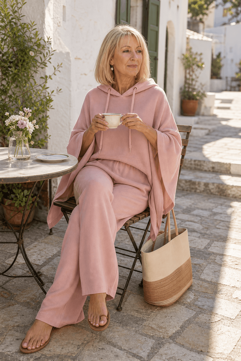 Damen Weite Stoffhose mit Kapuzenponcho im Zweiteiler-Set