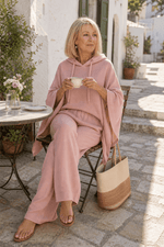 Damen Weite Stoffhose mit Kapuzenponcho im Zweiteiler-Set