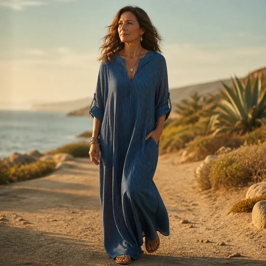 Gestreiftes Boho V-Ausschnitt Maxikleid mit Taschen und Langarm