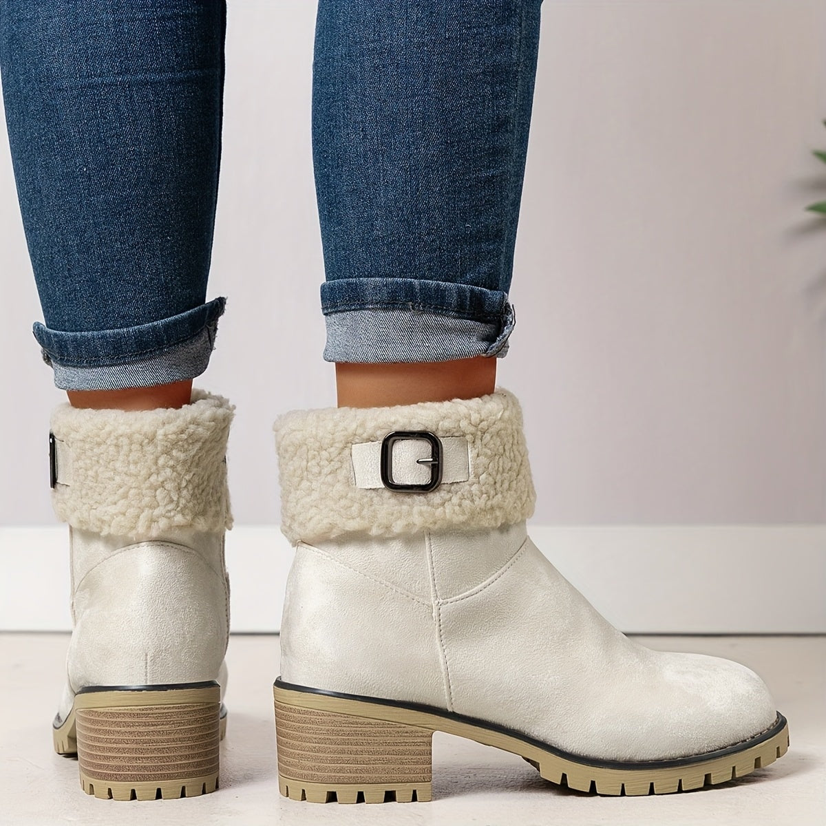 Damen Stiefeletten aus Wildlederimitat mit Plüschrand und Schnallendetail am Blockabsatz