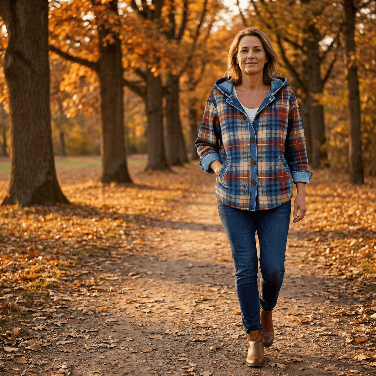 Weslyn Karierte Hemdjacke mit Kapuze und Denim-Kontrast