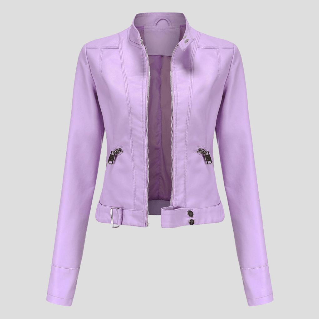 Bikerjacke aus Kunstleder mit Stehkragen und Schnallenriemen für Damen
