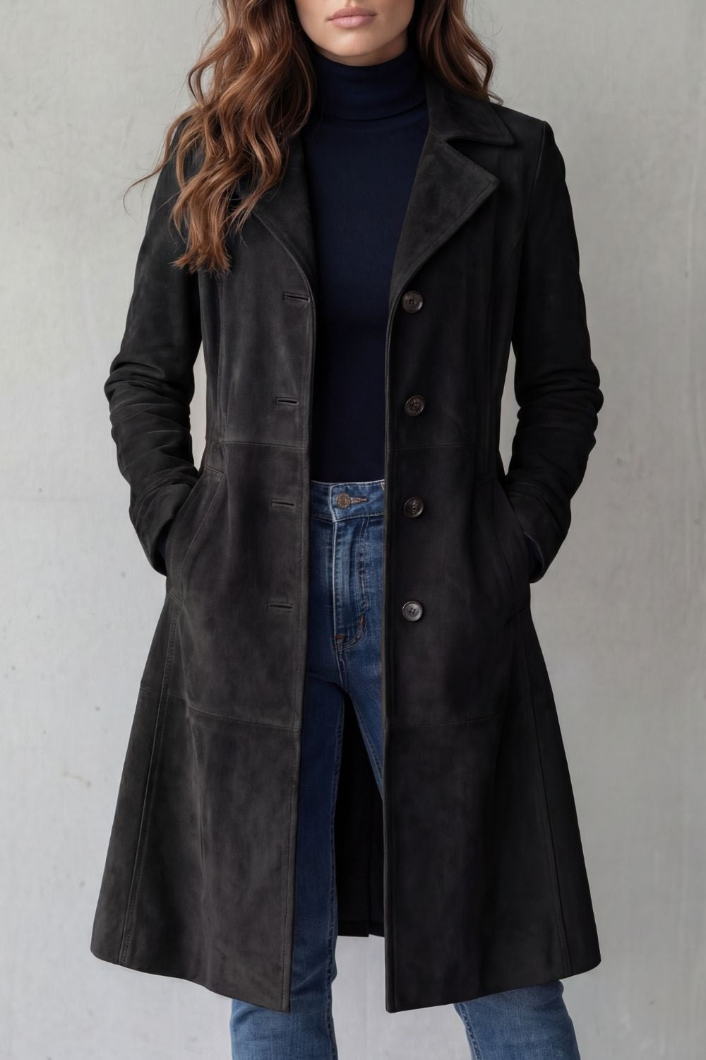 Langer Damenmantel im Wildleder-Look mit Taillenformung