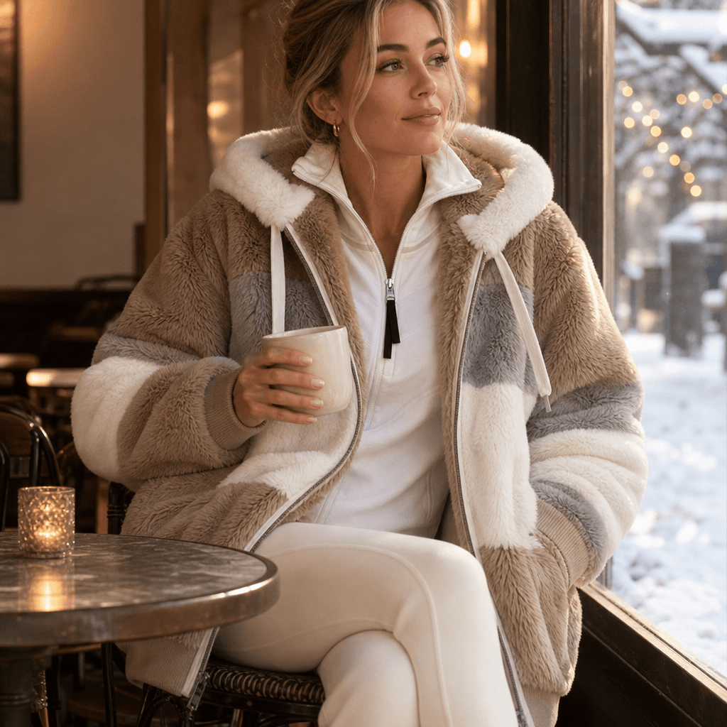 Damen Colorblock Kunstfell Jacke Oversized mit Kapuze