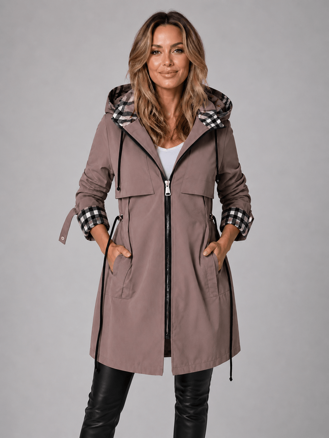 Damen Kapuzen-Trenchjacke mit Taillenzug und Reissverschluss