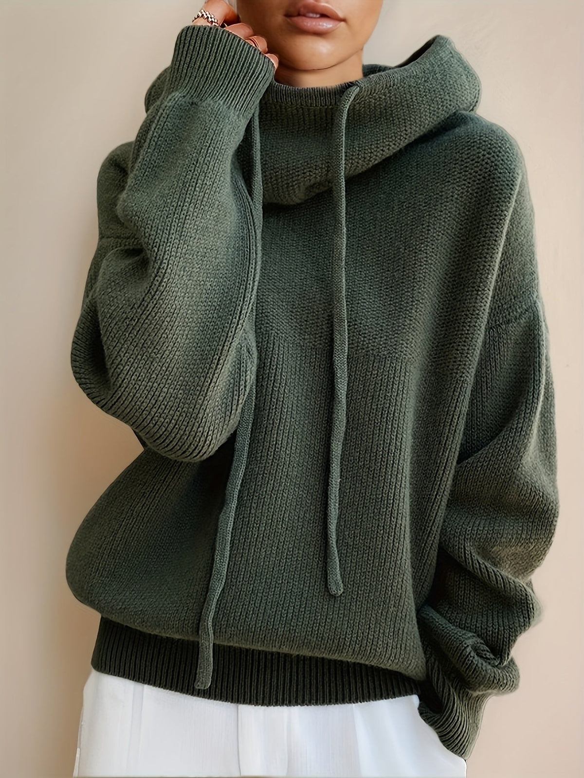Oversize Strick-Kapuzenpullover Damen mit Kordelzug und Rippbündchen
