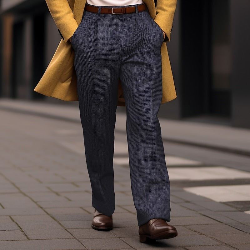Herren Karo-Stoffhose mit geradem Bein und Bundfalte