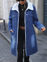 Damen Jeansmantel mit Teddyfutter und Reverskragen Mittellang