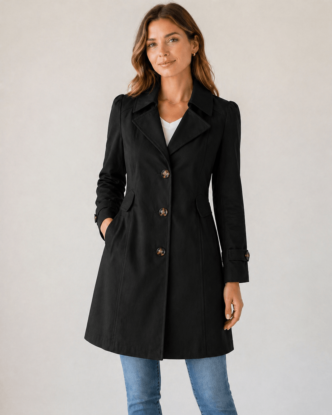 Kurzer Damen-Trenchcoat aus Baumwollmix mit Taillierter Passform und Knopfleiste
