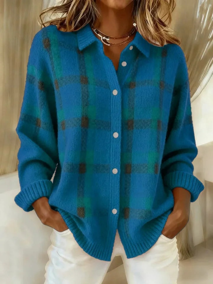 Damen Karierter Strickpullover mit Knopfleiste und Kragen