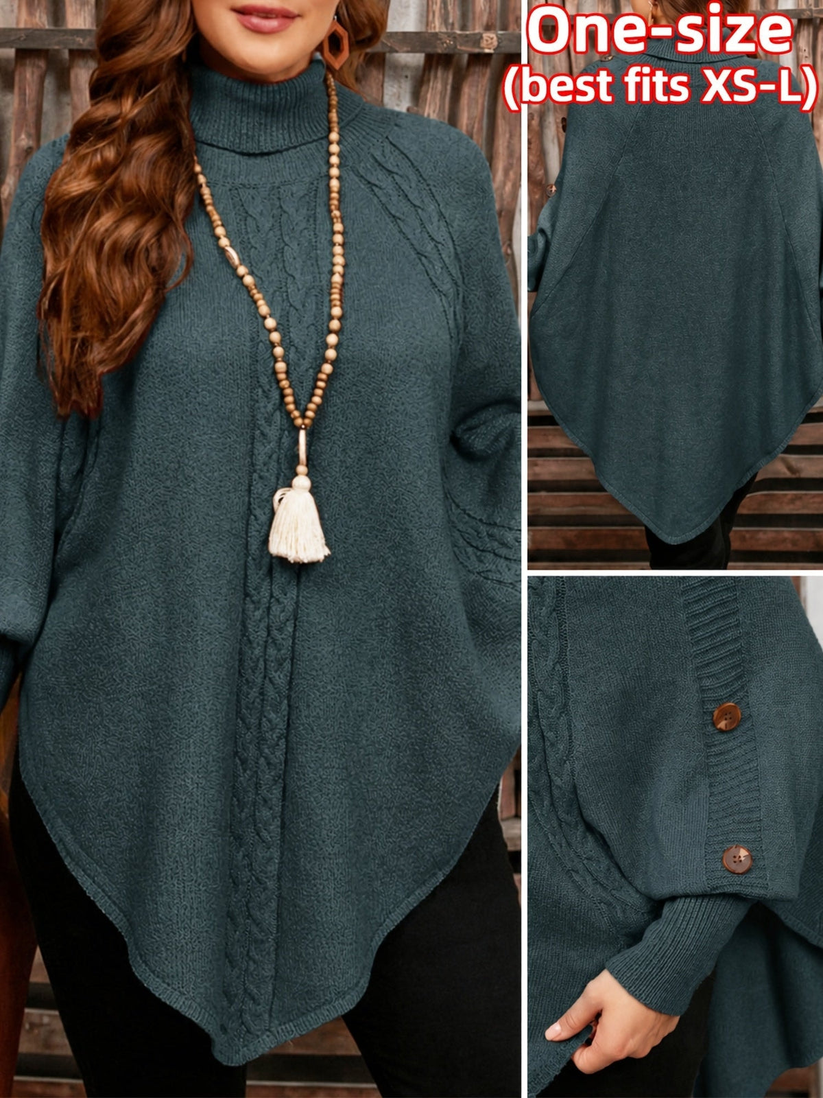 Poncho Pullover mit Rollkragen Zopfmuster und Knopfleiste für Damen