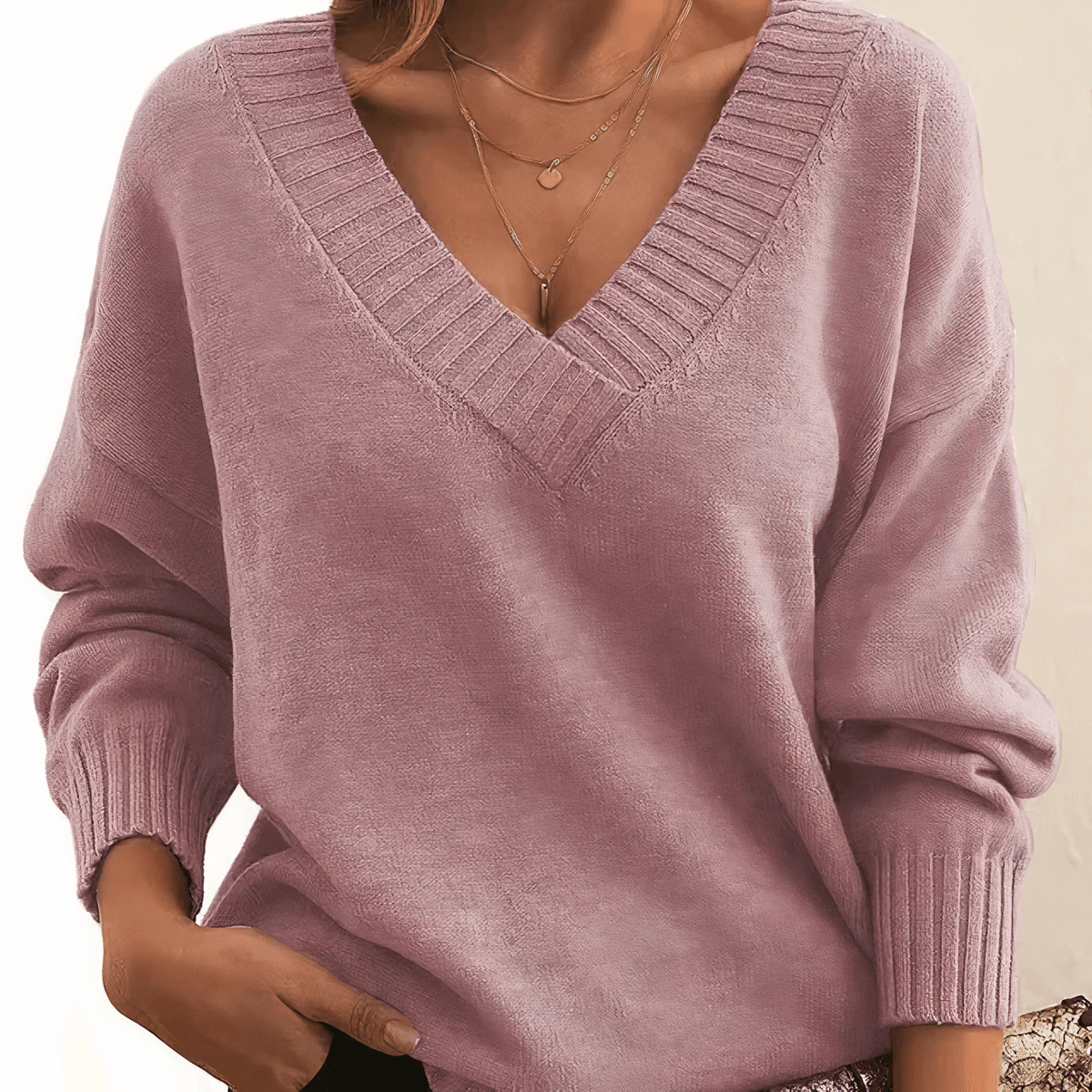 Solveig Kaschmir-Damenpullover mit V-Ausschnitt und langen Ärmeln