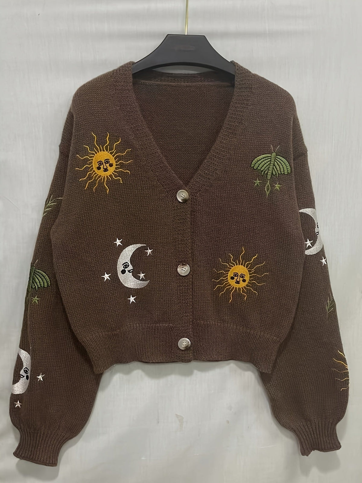 Bestickte Strickjacke Damen mit Sonne Mond Sterne Motiven