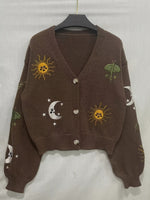 Bestickte Strickjacke Damen mit Sonne Mond Sterne Motiven