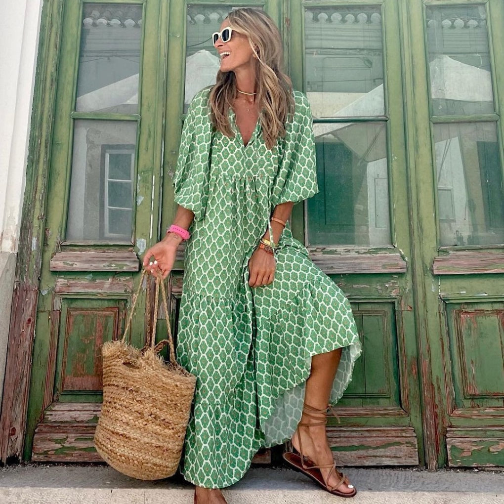 Bedrucktes Maxikleid mit V-Ausschnitt und langen Ärmeln für den Herbst