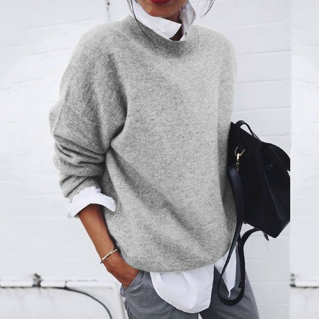 Langer Rundhals Strickpullover für Damen mit lockerer Passform