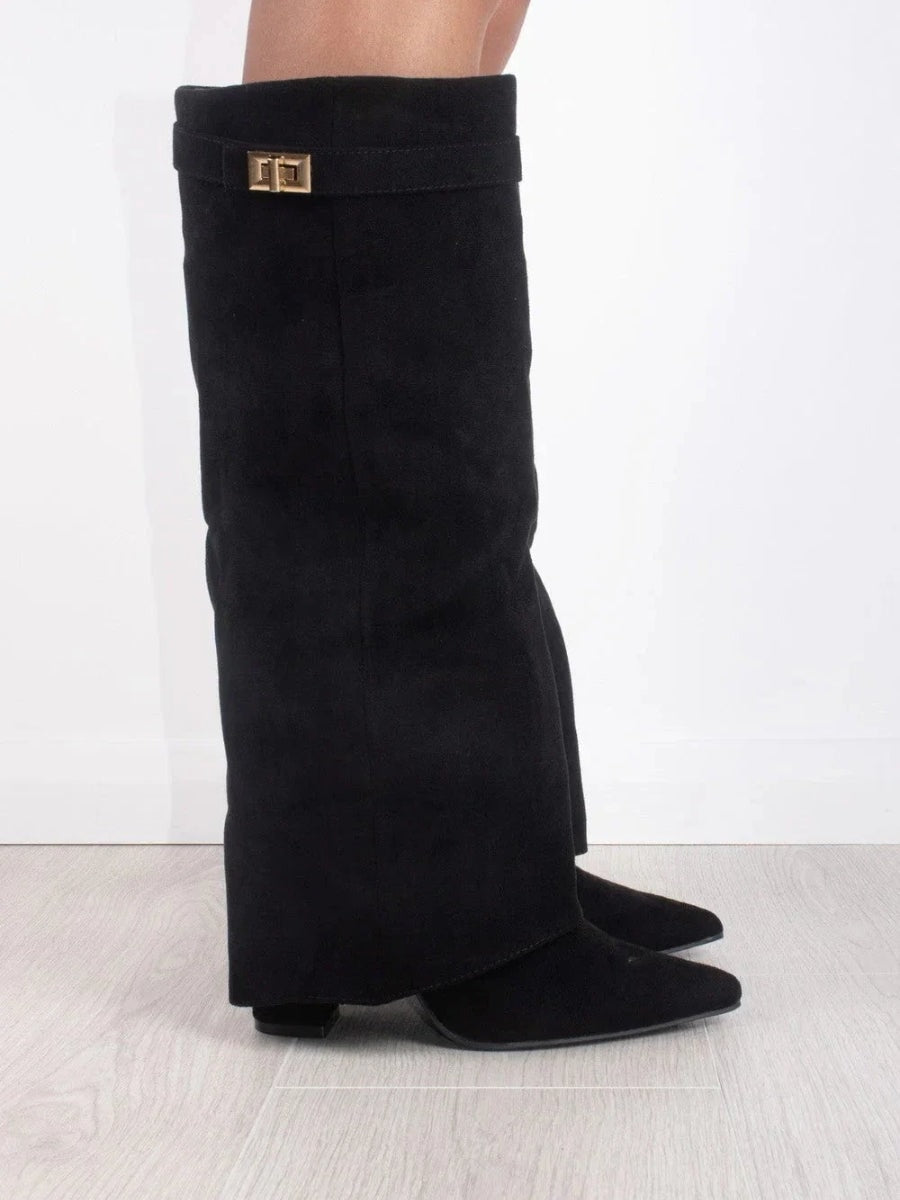 Damen Winterstiefel aus Wildleder mit Umschlag-Schaft und Blockabsatz