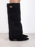 Damen Winterstiefel aus Wildleder mit Umschlag-Schaft und Blockabsatz