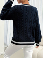 Damen Norweger-Pullover mit Zopfmuster V-Ausschnitt Kontraststreifen