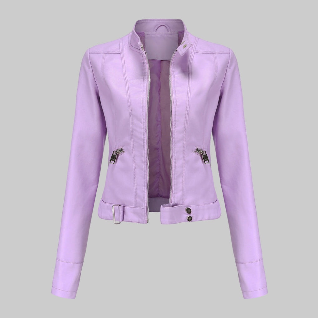Kunstleder-Bikerjacke mit Stehkragen und durchgehendem Reissverschluss für Damen
