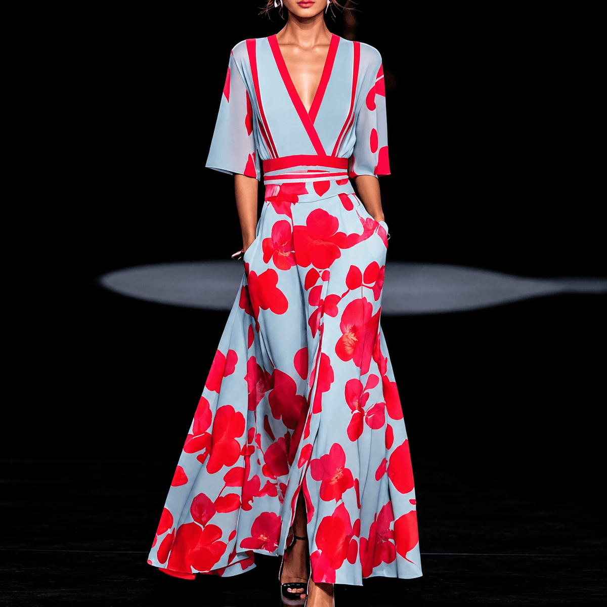 Elegantes Maxikleid mit V-Ausschnitt und Beinschlitz für den Herbst