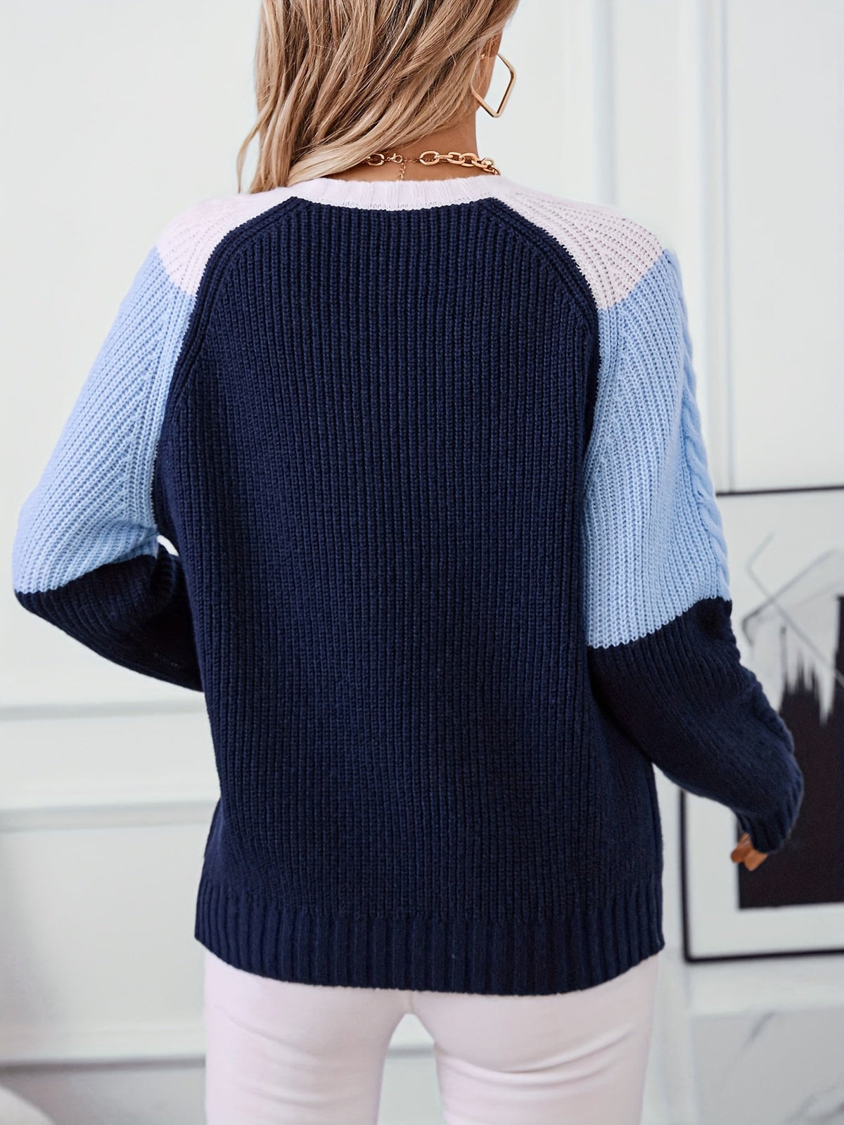 Norweger-Style Zopfmuster Damenpullover im Colour-Blocking-Design