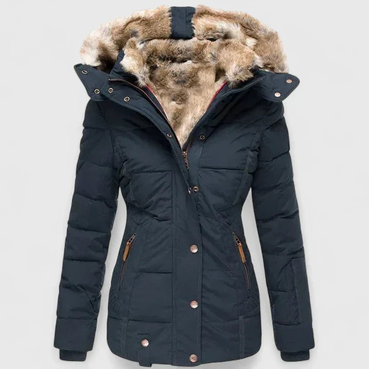 Gefütterte Damen Steppjacke mit Kapuze und Kunstfellkragen