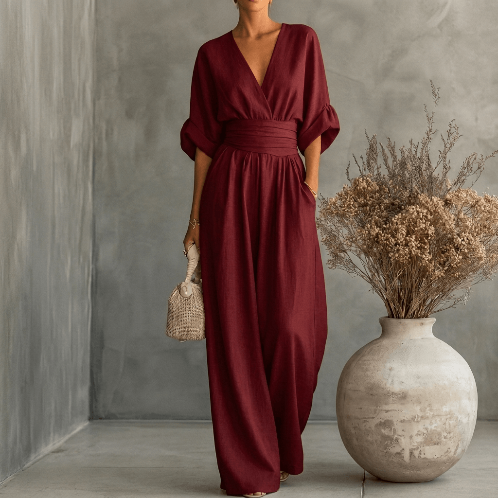 Eleganter Jumpsuit mit V-Ausschnitt und weitem Bein für den Herbst