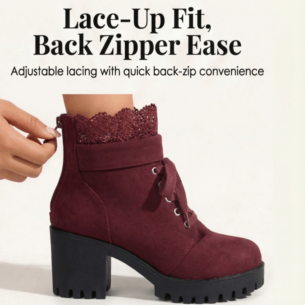 Lacelle Spitzenbesetzte Damen Stiefeletten aus Wildleder mit Blockabsatz