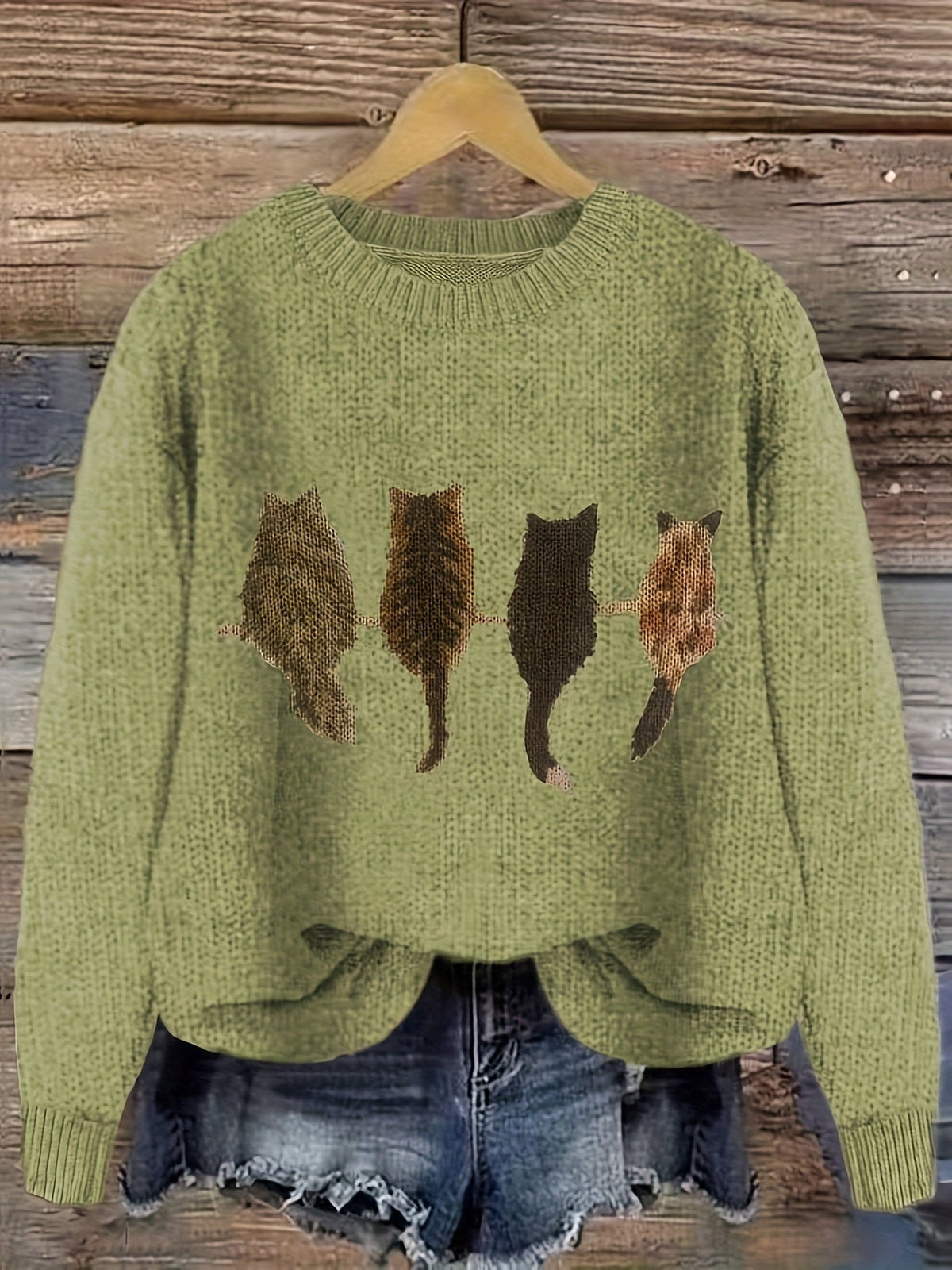Grobstrick Rundhals Damenpullover mit Katzen-Motiv und Rippbündchen